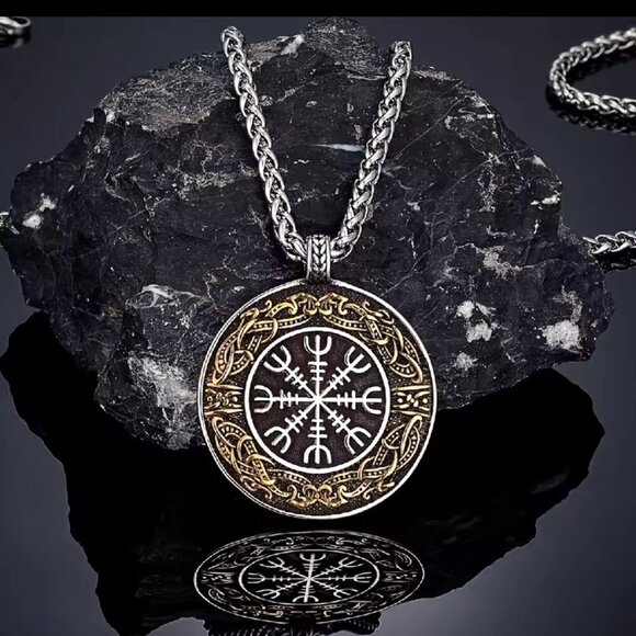 Vegvisir Compass Viking Rune Pendant - Two Tone Stainless Steel #1528 - Picture 1 of 9